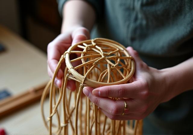 熟練の職人が竹ひごを組んで作る提灯の骨組み