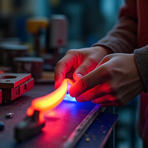 工房でネオン管を曲げる職人の手元